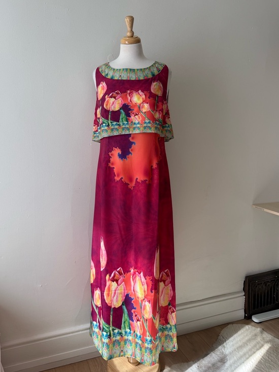 Mackenzie Mode Dresses & Skirts - Mackenzie Mode Designer Watercolor Tulip Maxi Dress Cape Overlay Pink Floral